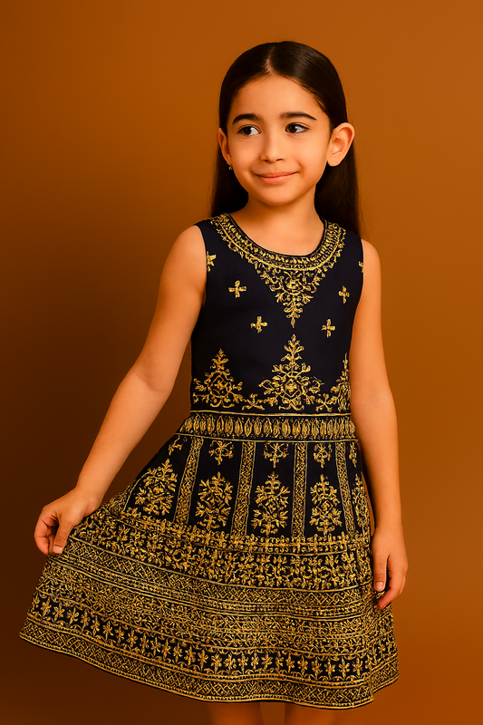Dark Blue & Gold Embroidered Lehenga for Girls – Festive Wear by OutlookFashion