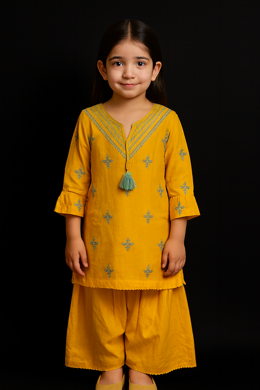 Yellow Embroidered Kurta Set for Kids – Traditional South Asian Outfit for Girls