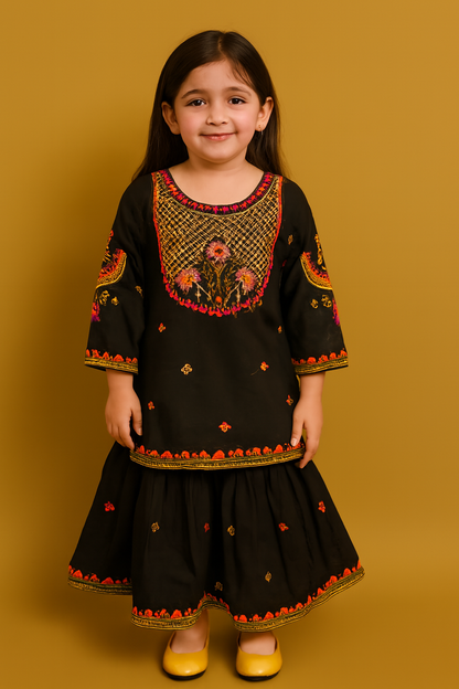 Black Embroidered Kids sharara Set – Traditional South Asian Outfit for Girls
