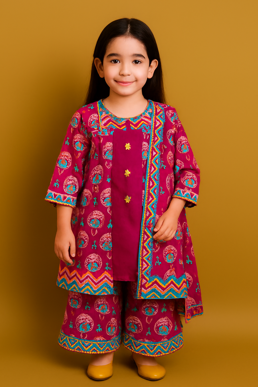 Magenta Peacock Print Kids Kurta Set with Zigzag Embroidery – Festive Wear for Girls