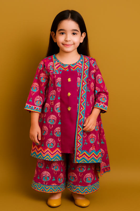 Magenta Peacock Print Kids Kurta Set with Zigzag Embroidery – Festive Wear for Girls