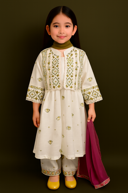 White & Magenta Embroidered Kids Kurta Set – Festive South Asian Outfit for Girls
