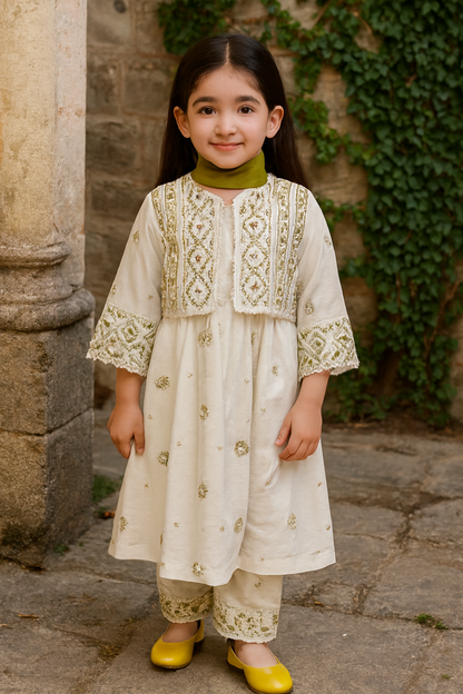 White & Magenta Embroidered Kids Kurta Set – Festive South Asian Outfit for Girls