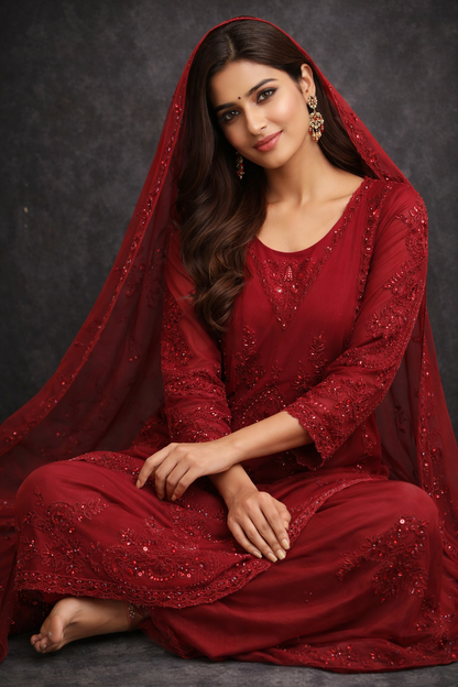 Elegant Red Chiffon Embroidered Dress with Dupatta