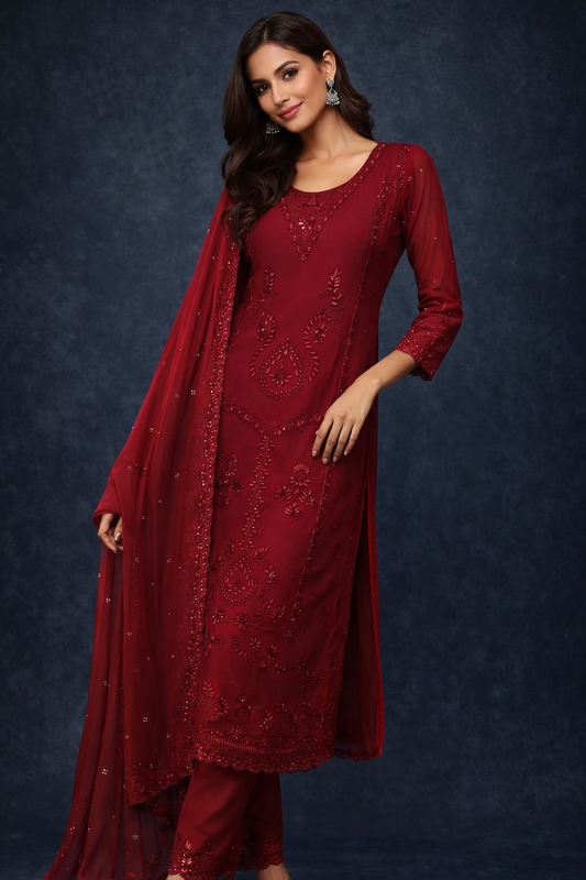 Elegant Red Chiffon Embroidered Dress with Dupatta