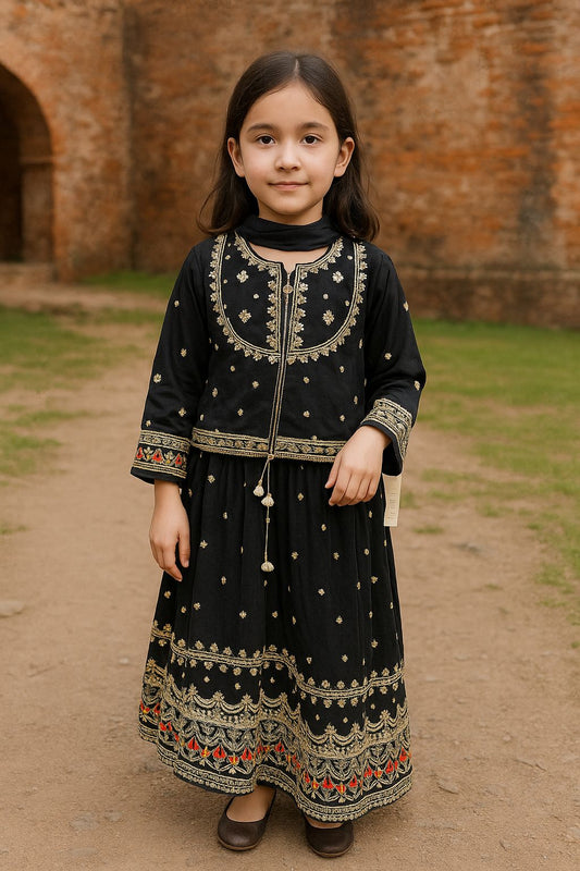 Elegant Black Embroidered Ethnic lehnga  Dress for Girls