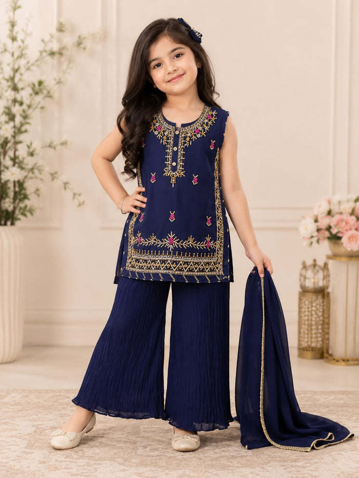 Girls Handmade Teal Blue Chiffon Sharara Suit