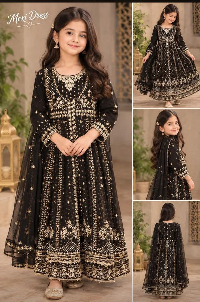 Girls Black Embroidered 3 Piece Maxi Gown Suit