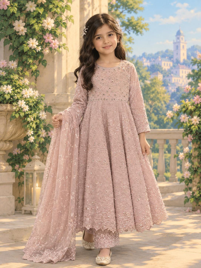 Girls Dusty Pink Handmade Embroidered Net Frock Suit