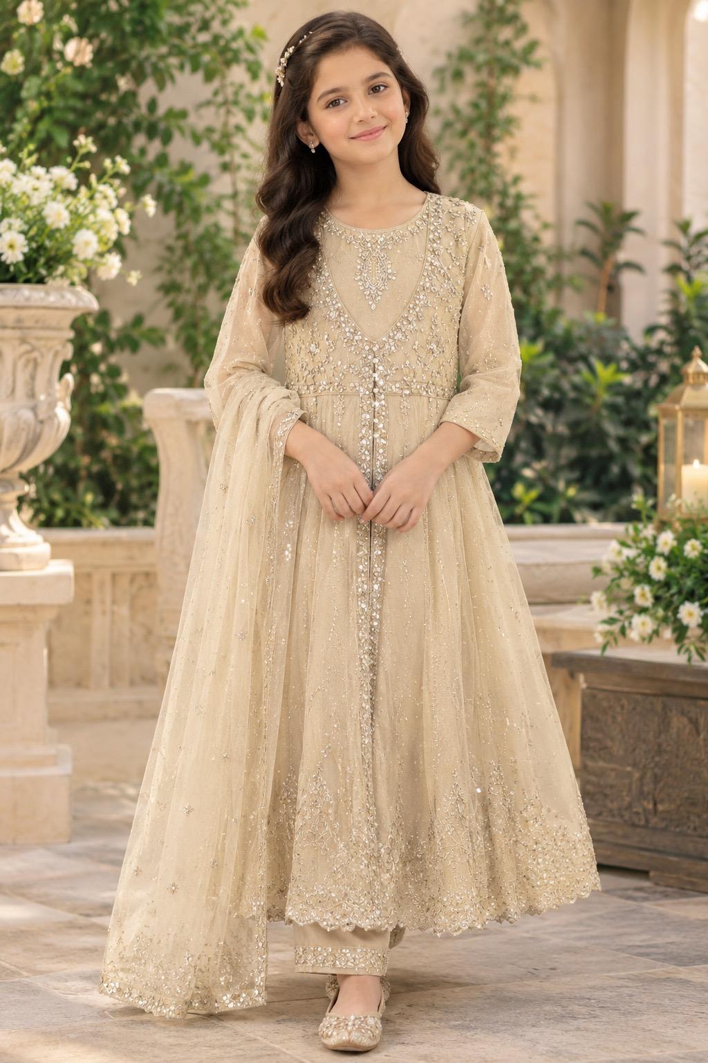 Girls Beige Handmade Embroidered Net Suit