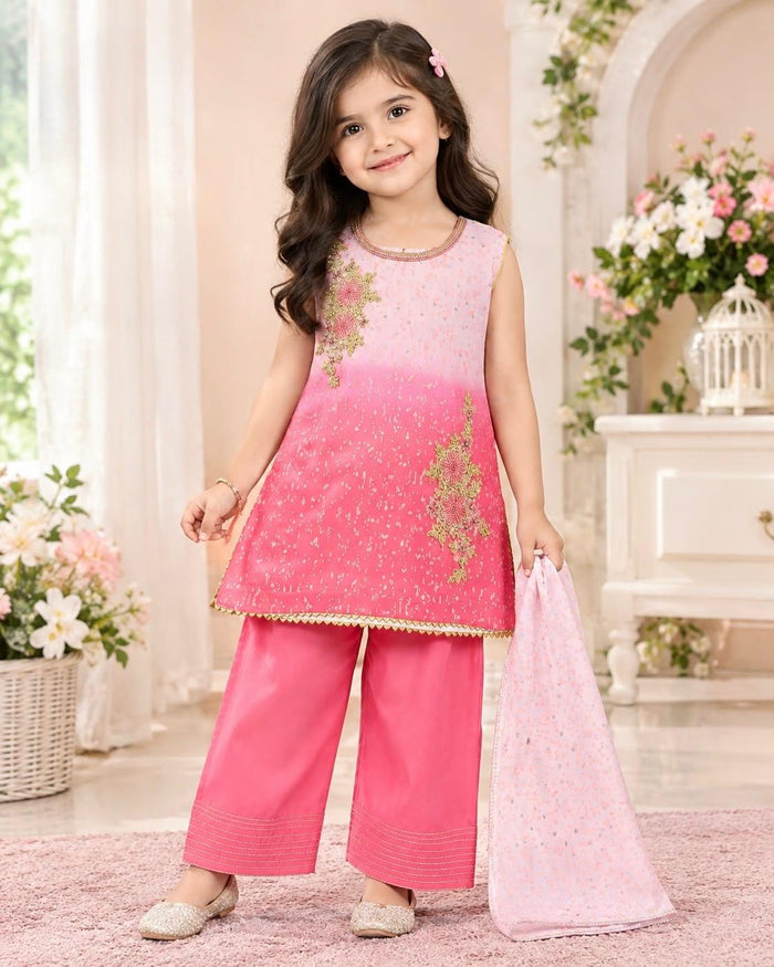Girls Pink Handmade Chiffon Suit (7 to 13 Years)