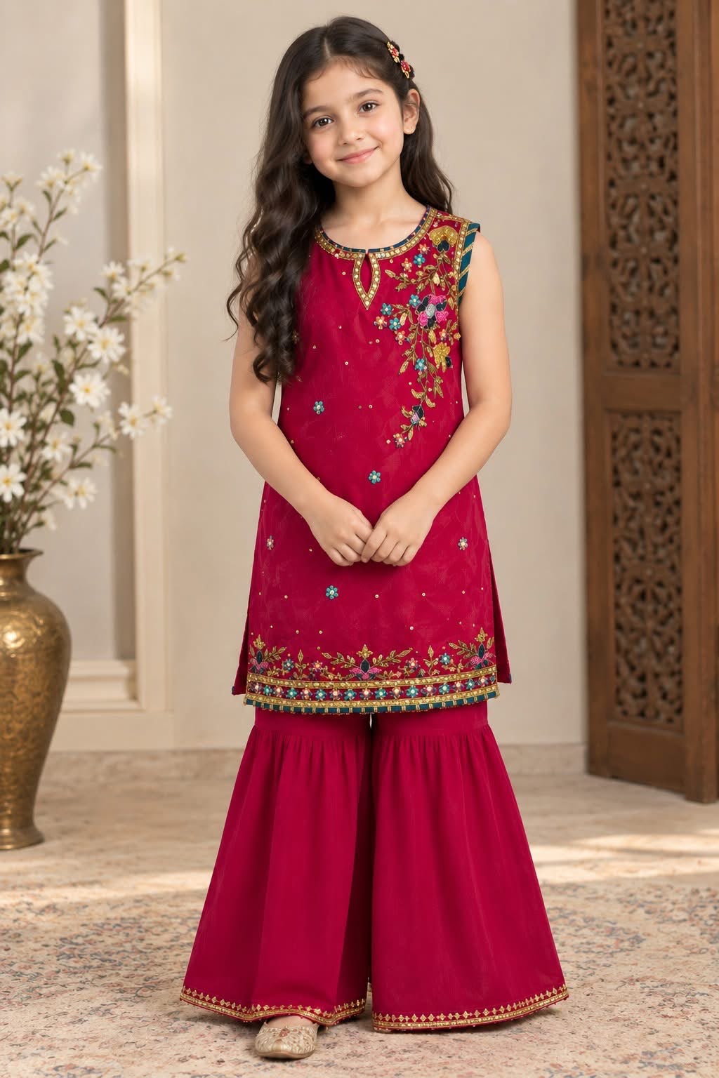 Handmade Red Chiffon Suit for Girls (Size 2 to 14 Years)