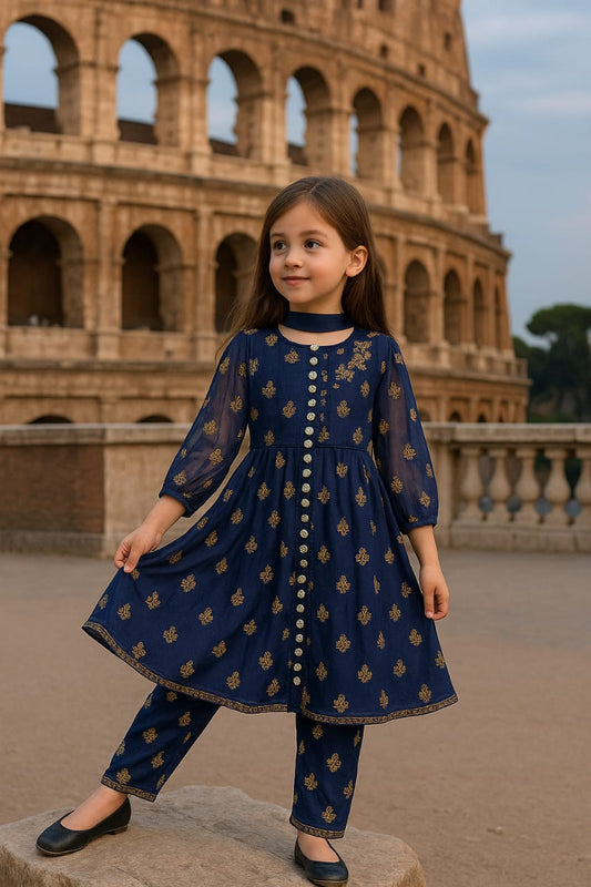 Girls' Royal Blue Embroidered Traditional Suit – 3-Piece Set
