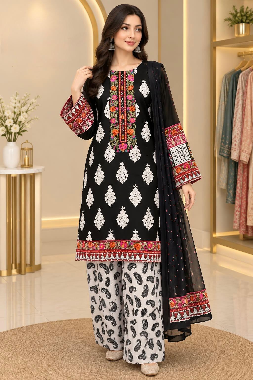 Black and White Printed Kadar Palazzo Suit – 3-Piece Set