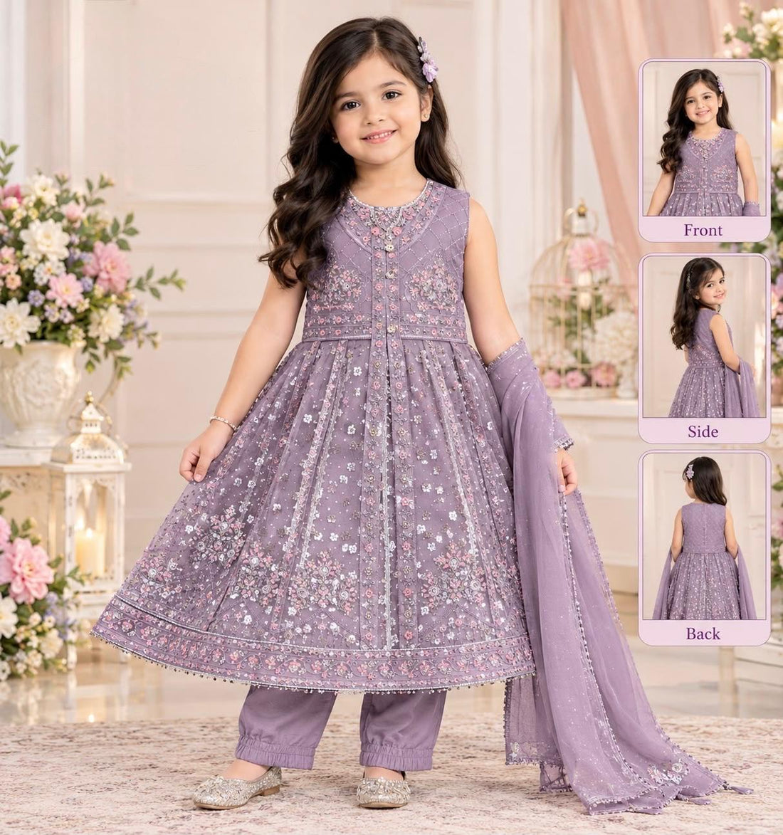 Girls Lavender Net Embroidered Frock Suit – 3-Piece Set