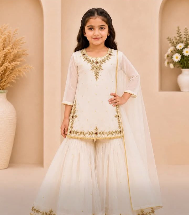 Girls White Chiffon Embroidered Sharara Suit – 3-Piece Set
