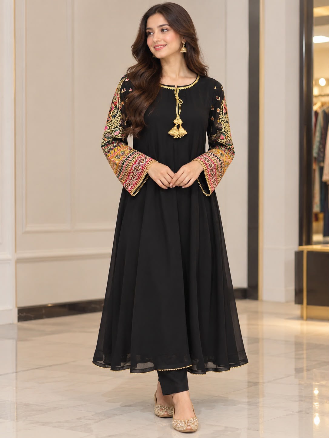 Black Multicolour Embroidered Anarkali Suit