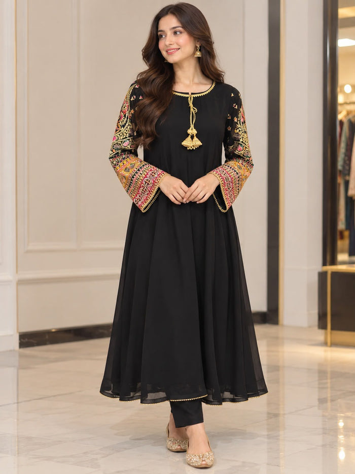 Black Multicolour Embroidered Anarkali Suit