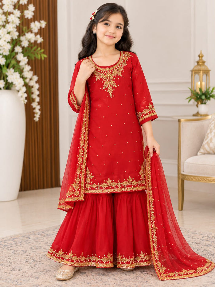 Girls Red Chiffon Embroidered Sharara Suit – 3-Piece Set