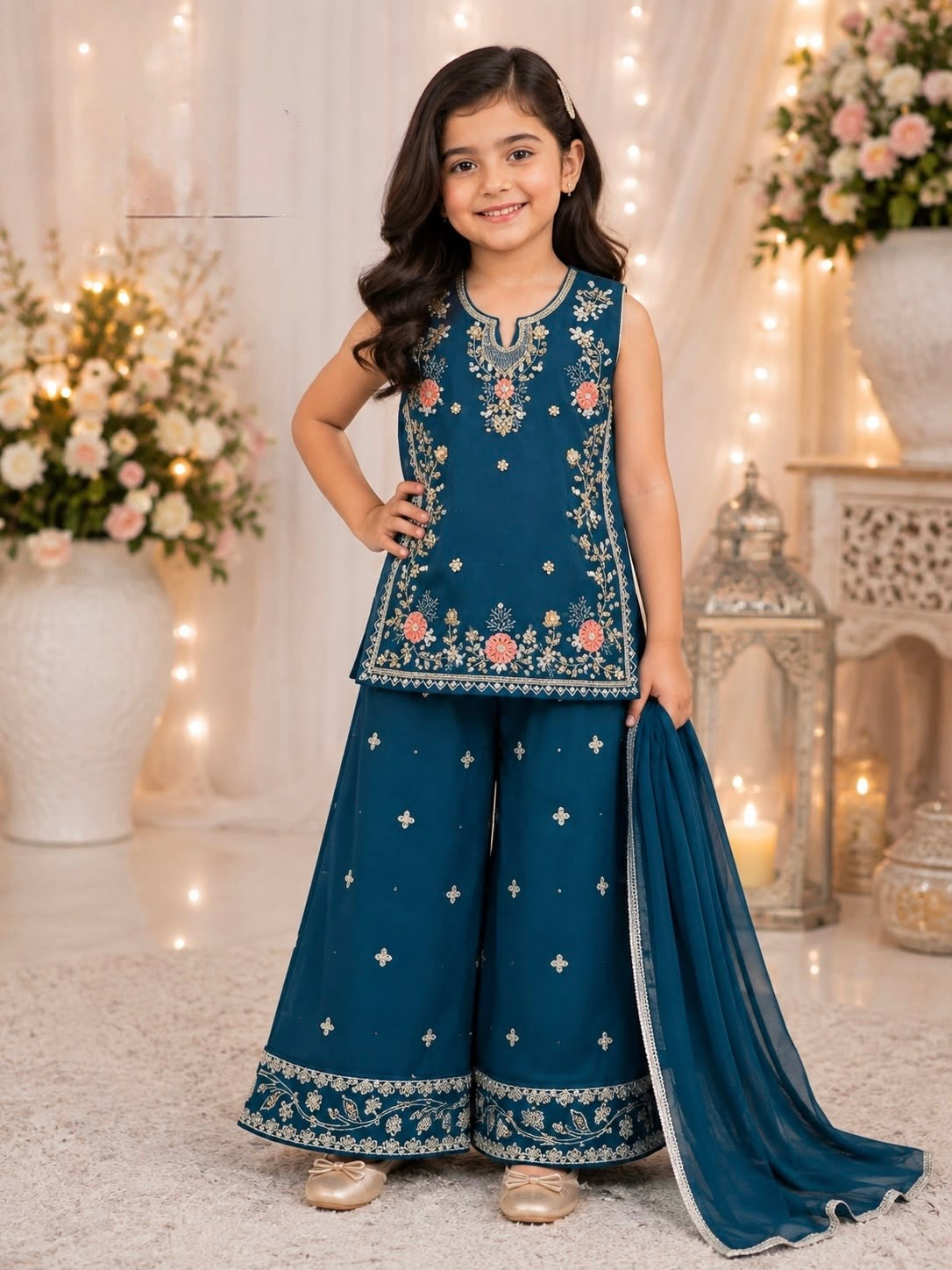 Handmade Chiffon Full Sleeves Sharara Size 8 to 13 Years