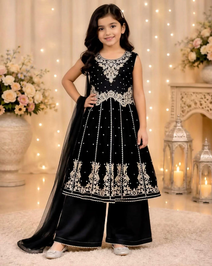 Girls Black Chiffon Embroidered Anarkali Suit – 3-Piece Set