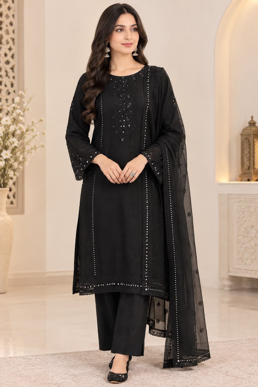 Black Embroidered Suit with Dupatta – 3-Piece Set