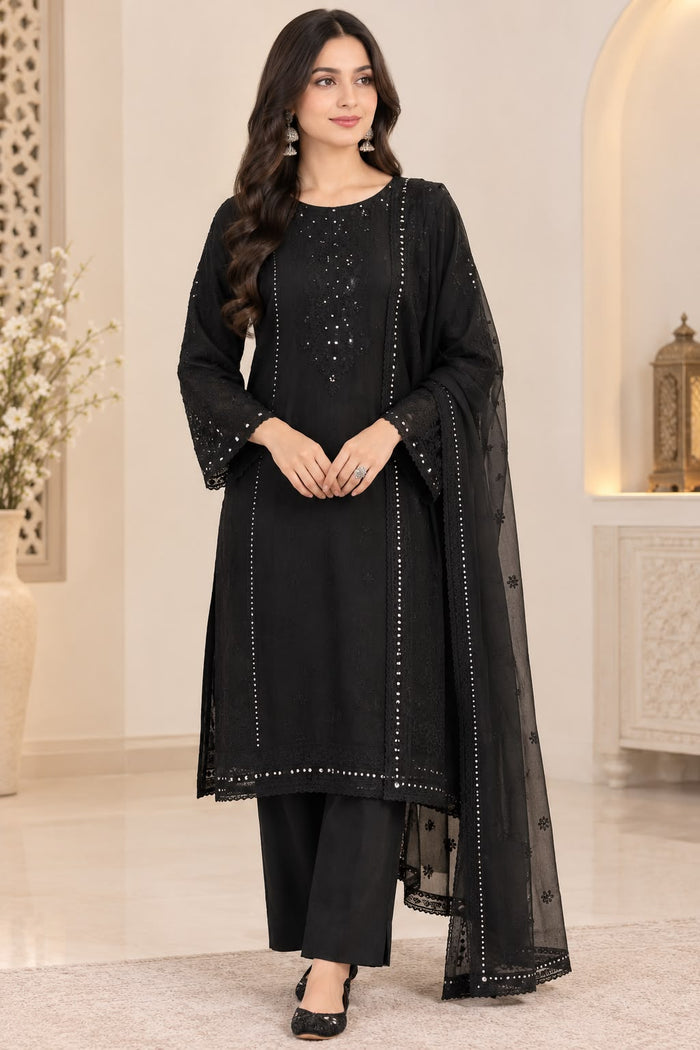 Black Embroidered Suit with Dupatta – 3-Piece Set