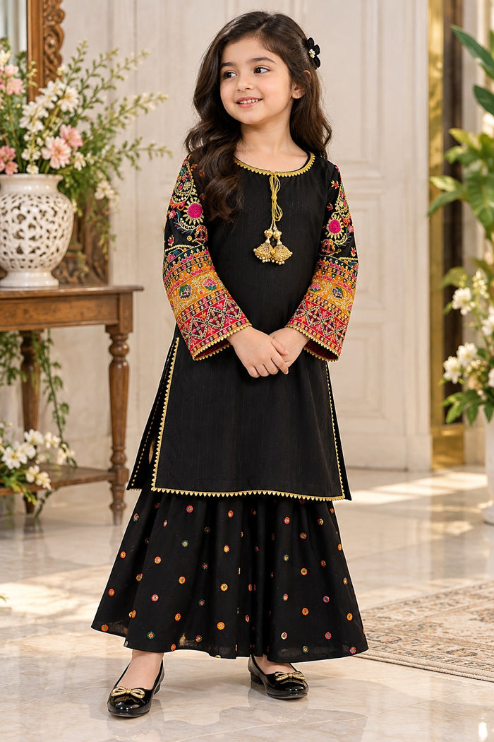 Girls Black Embroidered Sharara Suit – 3-Piece Set