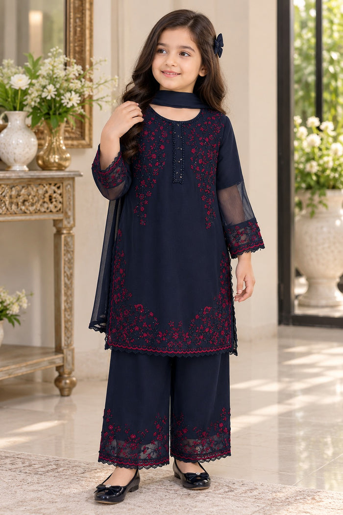 Girls Navy Chiffon Embroidered Palazzo Suit – 3-Piece Set