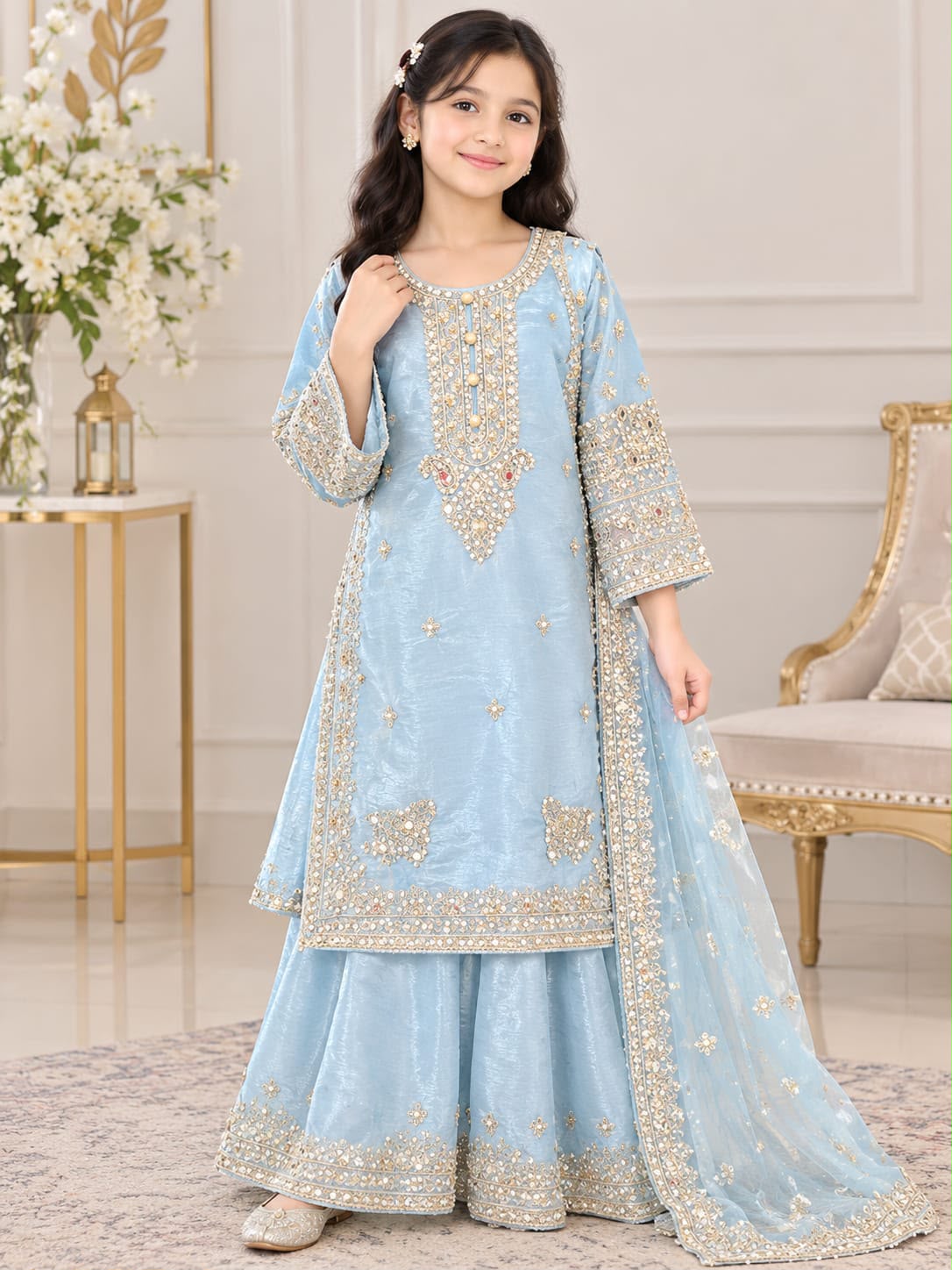 Girls Light Blue Shisha Silk Embroidered Sharara Suit – 3-Piece Set