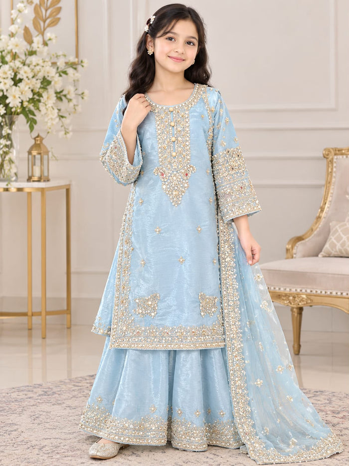 Girls Light Blue Shisha Silk Embroidered Sharara Suit – 3-Piece Set
