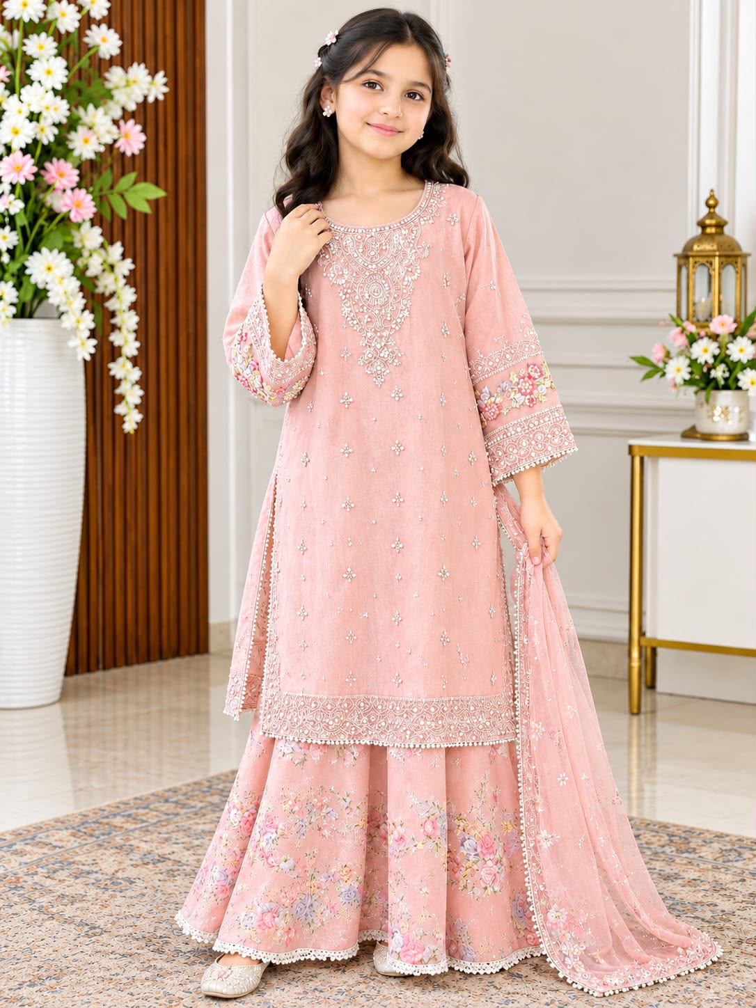 Girls Pink Embroidered Floral Sharara Suit – 3-Piece Set