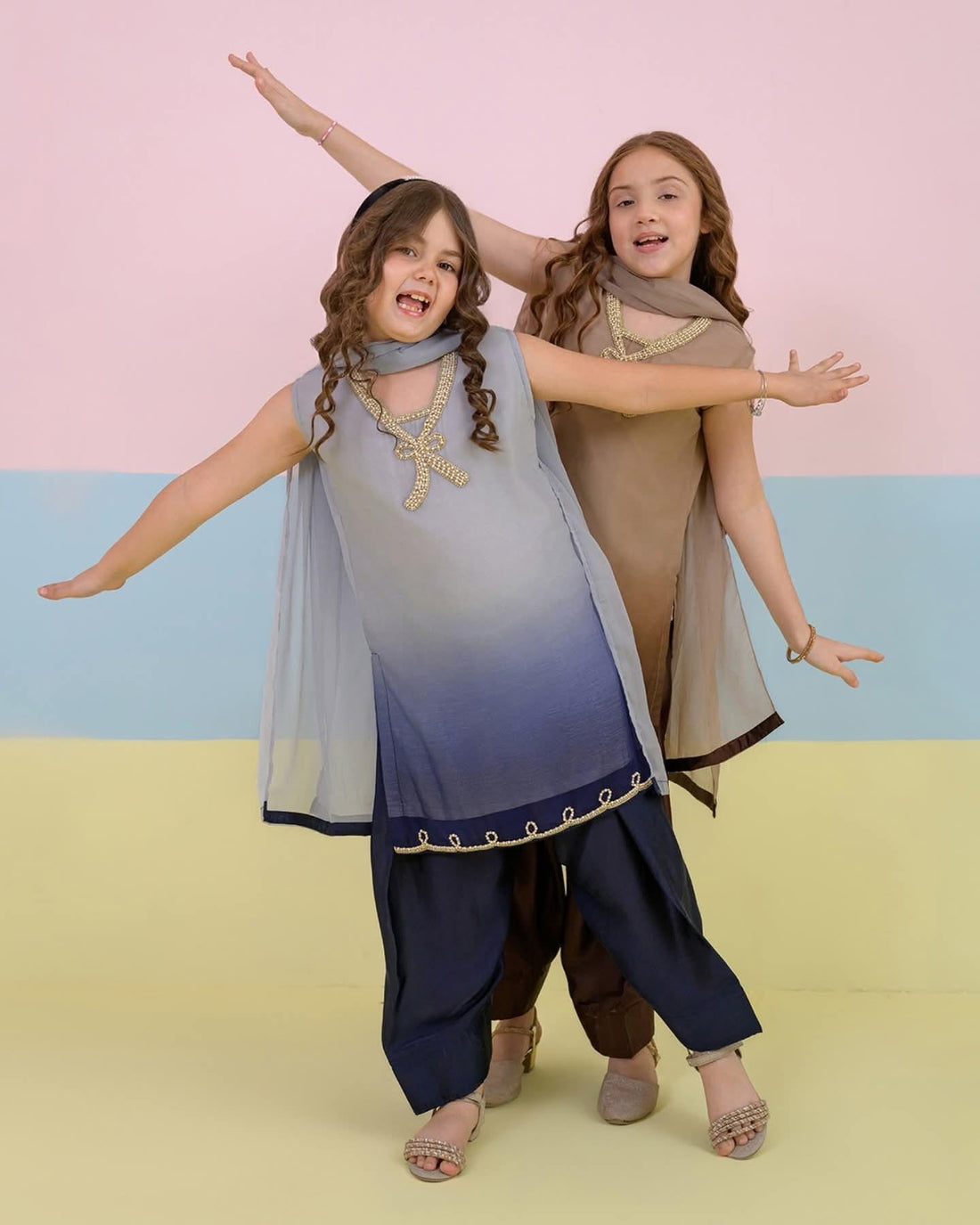 Girls Grey-Blue Ombre Handmade Chiffon Suit