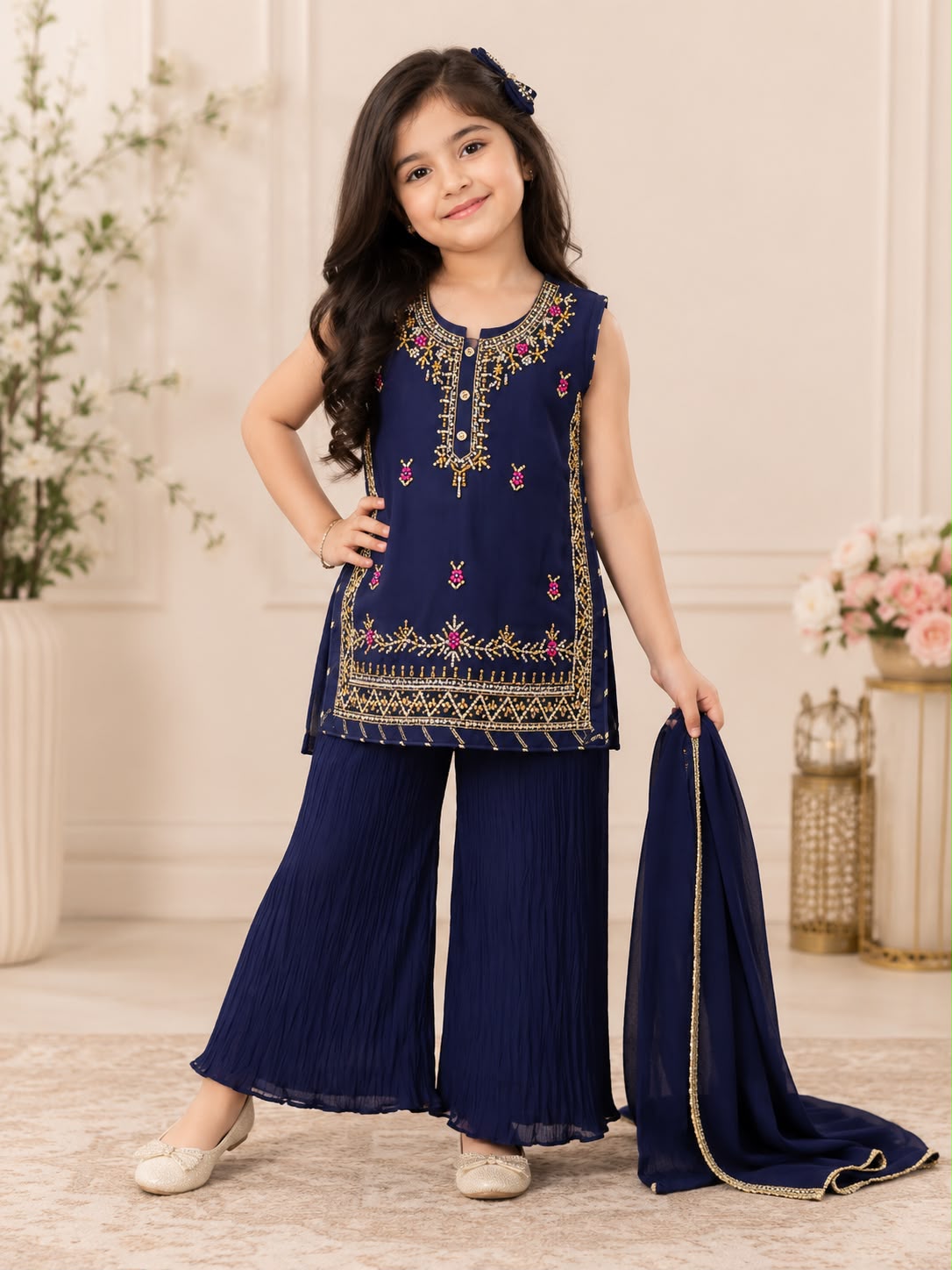 Girls Navy Blue Handmade Chiffon Palazzo Suit