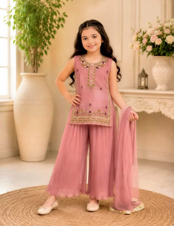 Rose pink embroidered Pakistani girls kameez palazzo and dupatta set